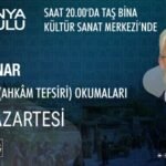 Konya Okulu afişi: Prof. Dr. Ali Akpınar, Es-Sâbûnî (Ahkâm Tefsiri) Okumaları, her pazartesi saat 20.00, Taş Bina Kültür Sanat Merkezi